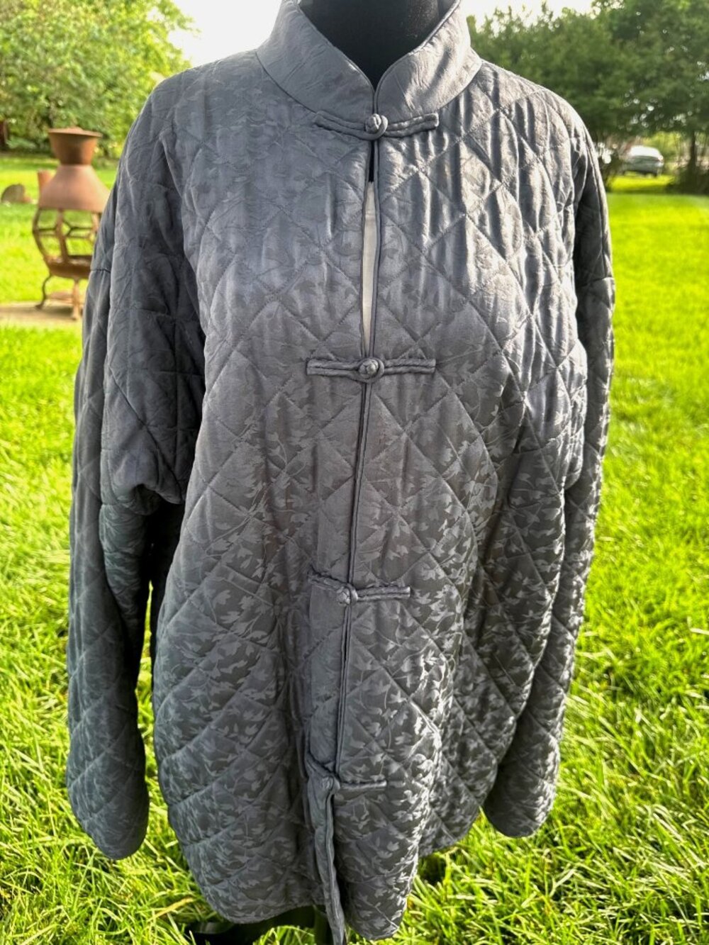 Eileen Fisher Silk Quilted Jacquard Kimono Jacket Frog Closures M Grey Blue